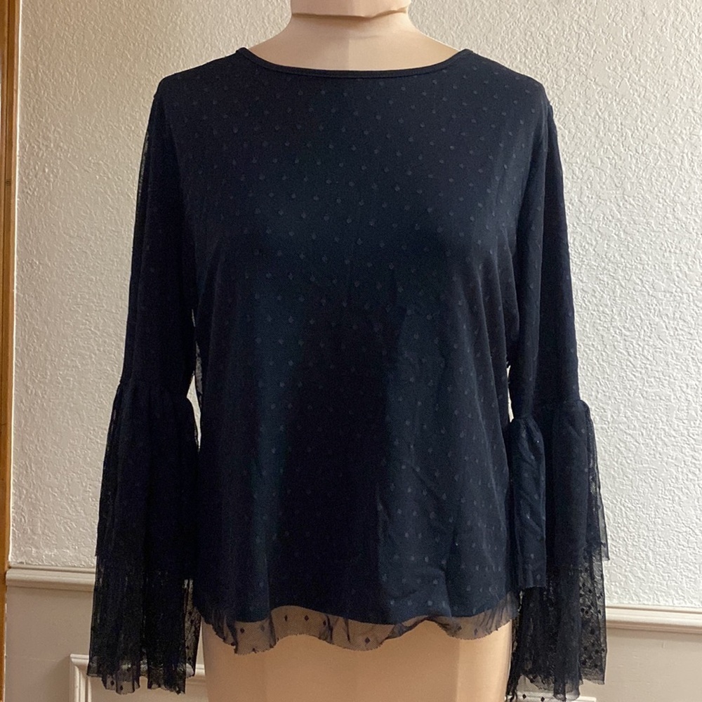 ANTHROPOLOGIE Pebble and stone black Swiss‎ dot lace bell sleeve blouse